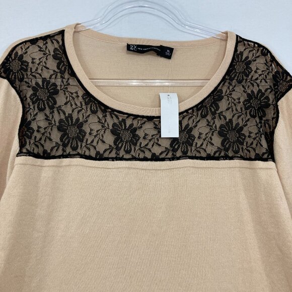 NWT New York & Company size XL Cream Black Lace Ruffle Detail Stretch Knit Top - Picture 4 of 10
